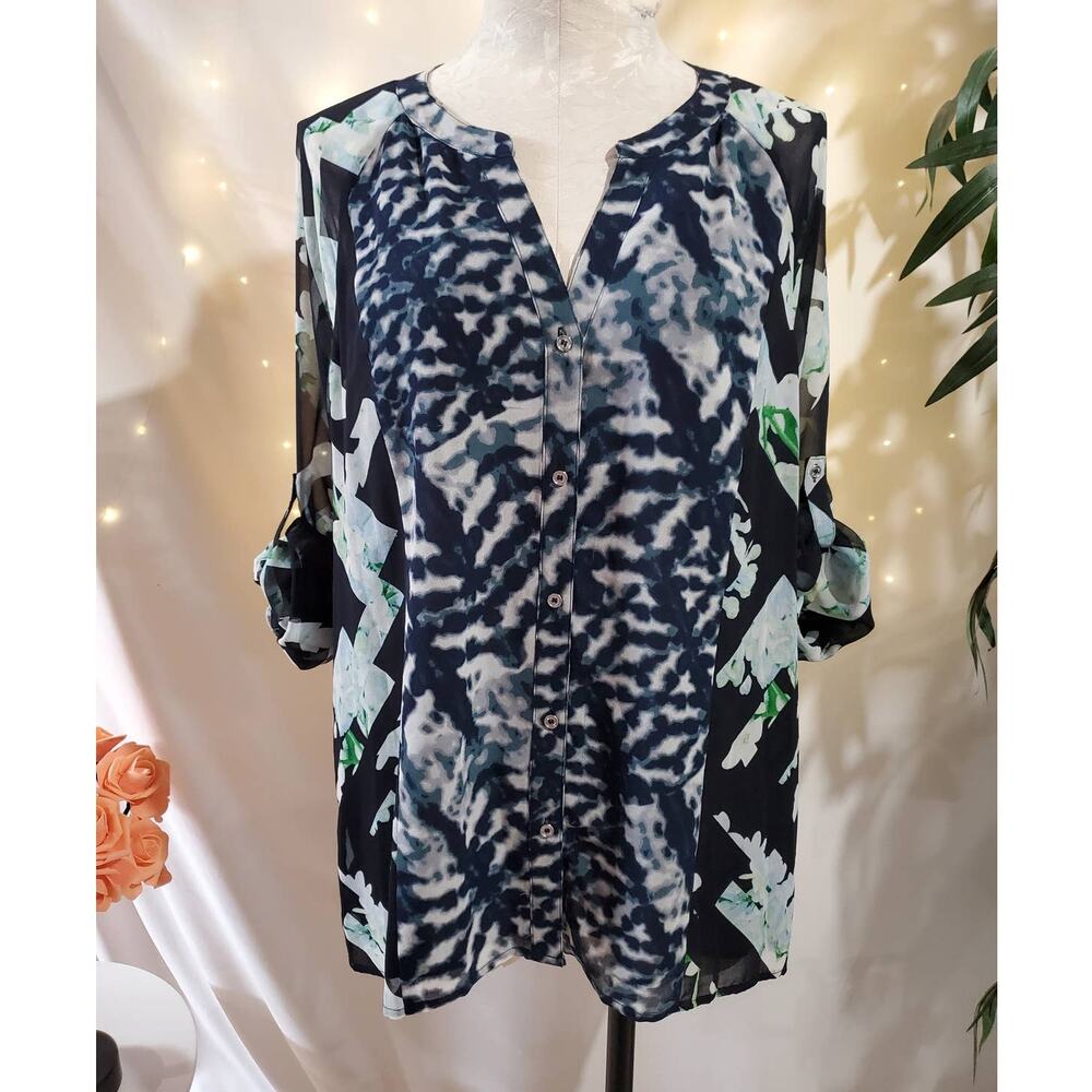Calvin Klein Mixed Print Roll Sleeve Blouse Womens Size XL Career Office Top